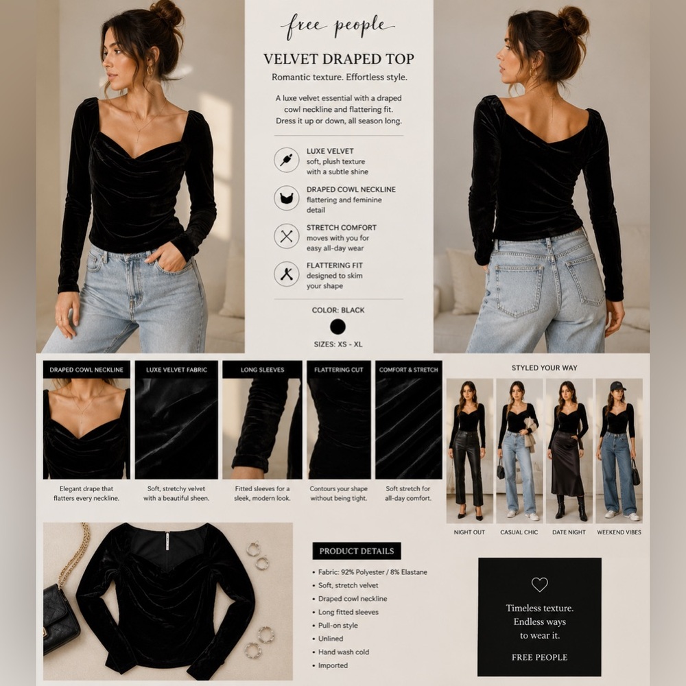 Free People Black Velvet Draped Cowl Neck Top